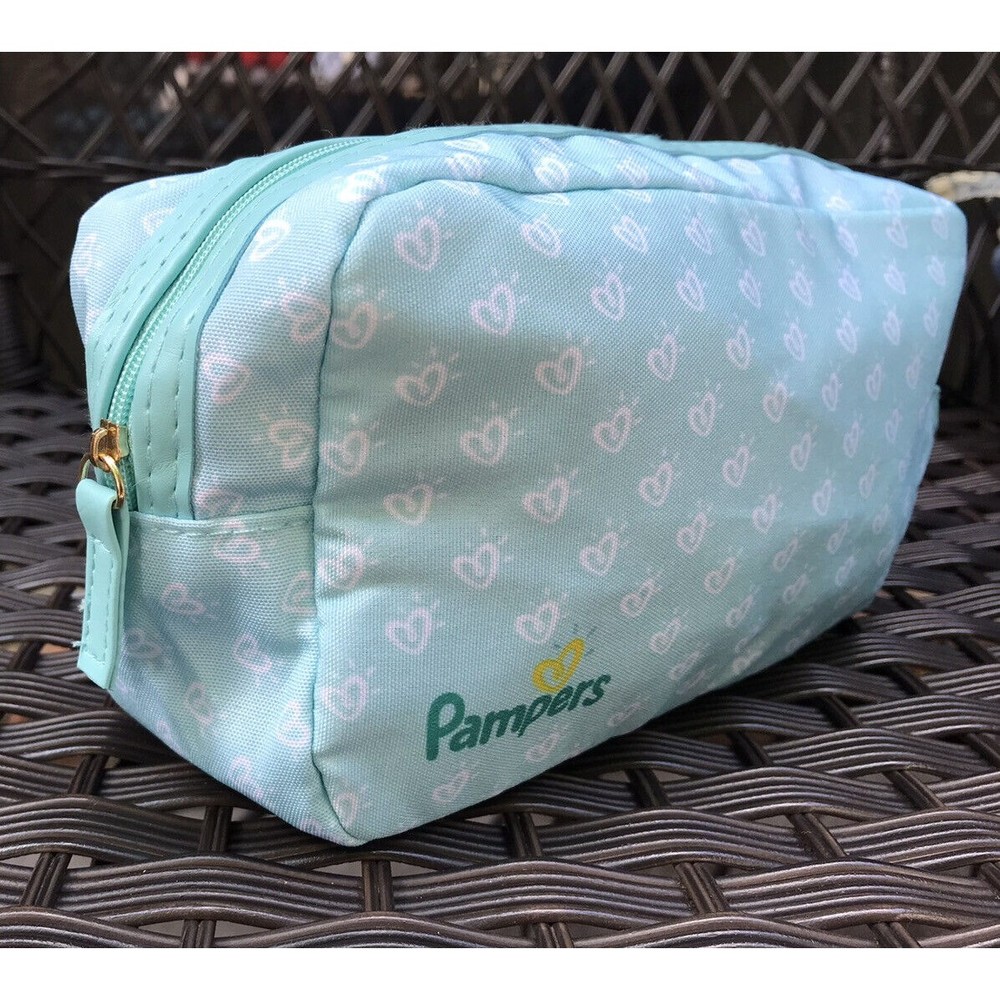 New Pampers Zipper Travel Pouch Teal Holds Diapers Wipes Zip Up Small Bag Hearts
